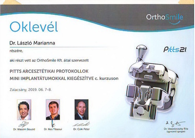 Fogszabályozás - oklevél - pitts mini implantátum